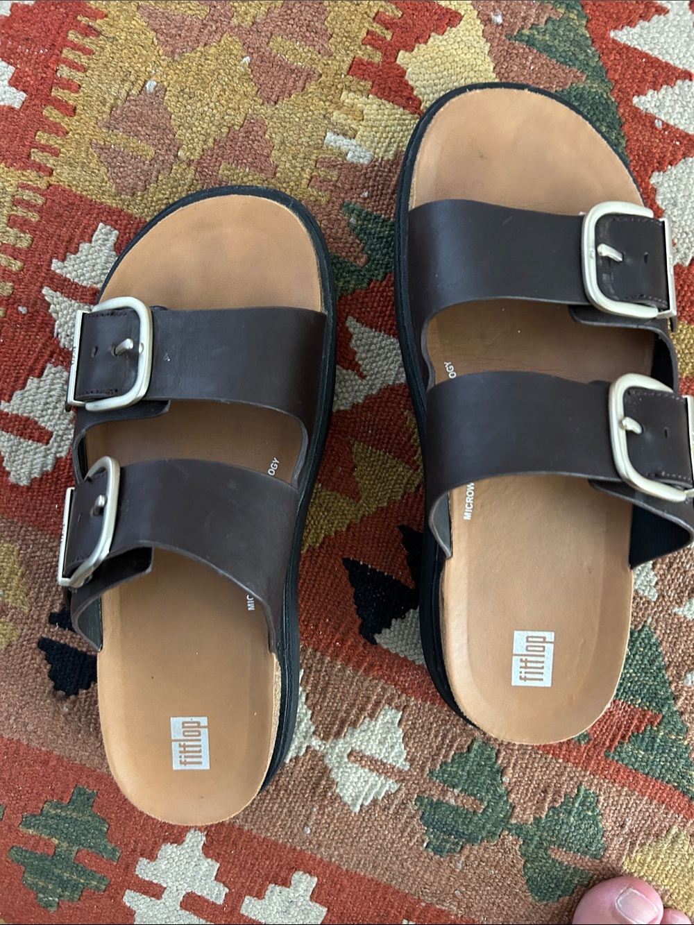 Fitflop Brown Leather Double-Buckle Slide Sandals with Gold Buckles